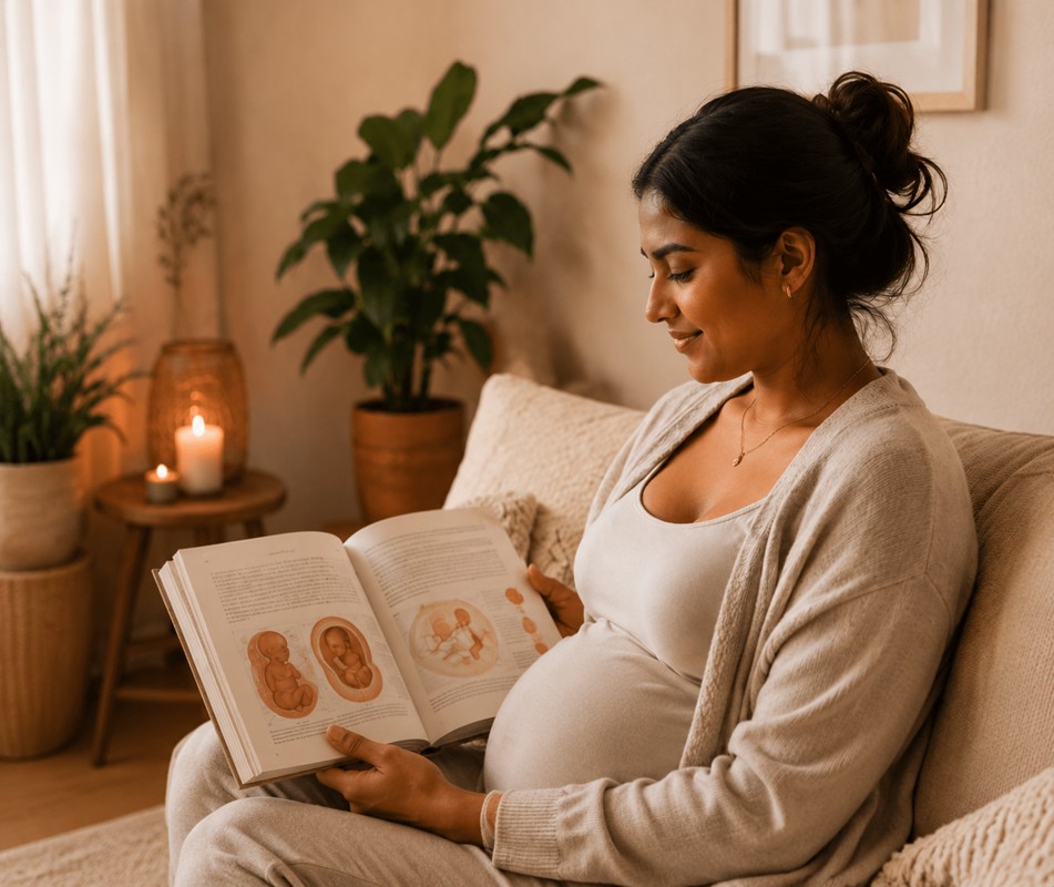 A pregnant woman reading at home