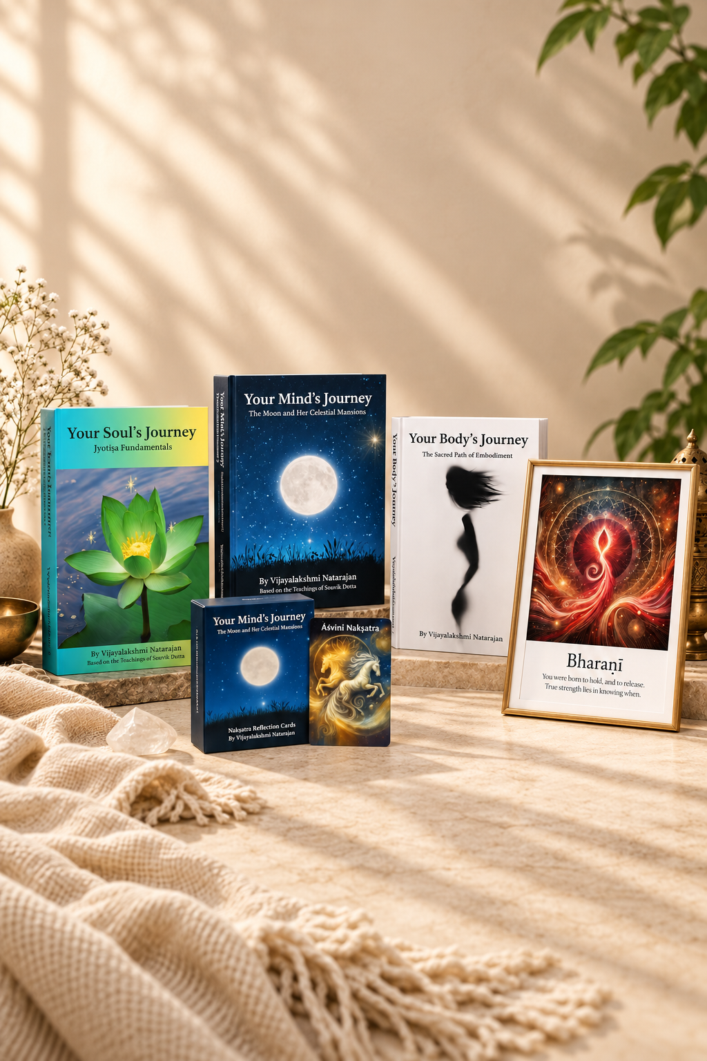 The three Journey books, Nakshatra Reflection Cards and a framed Bharani fine art print