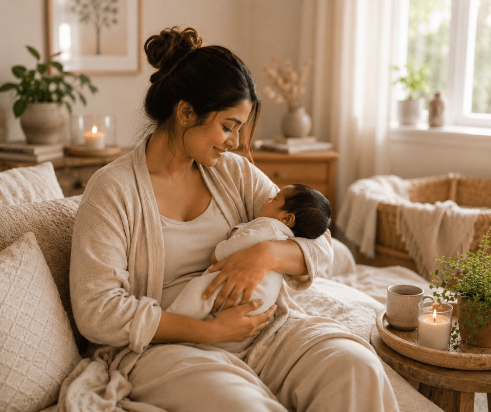 A mother resting at home with her newborn