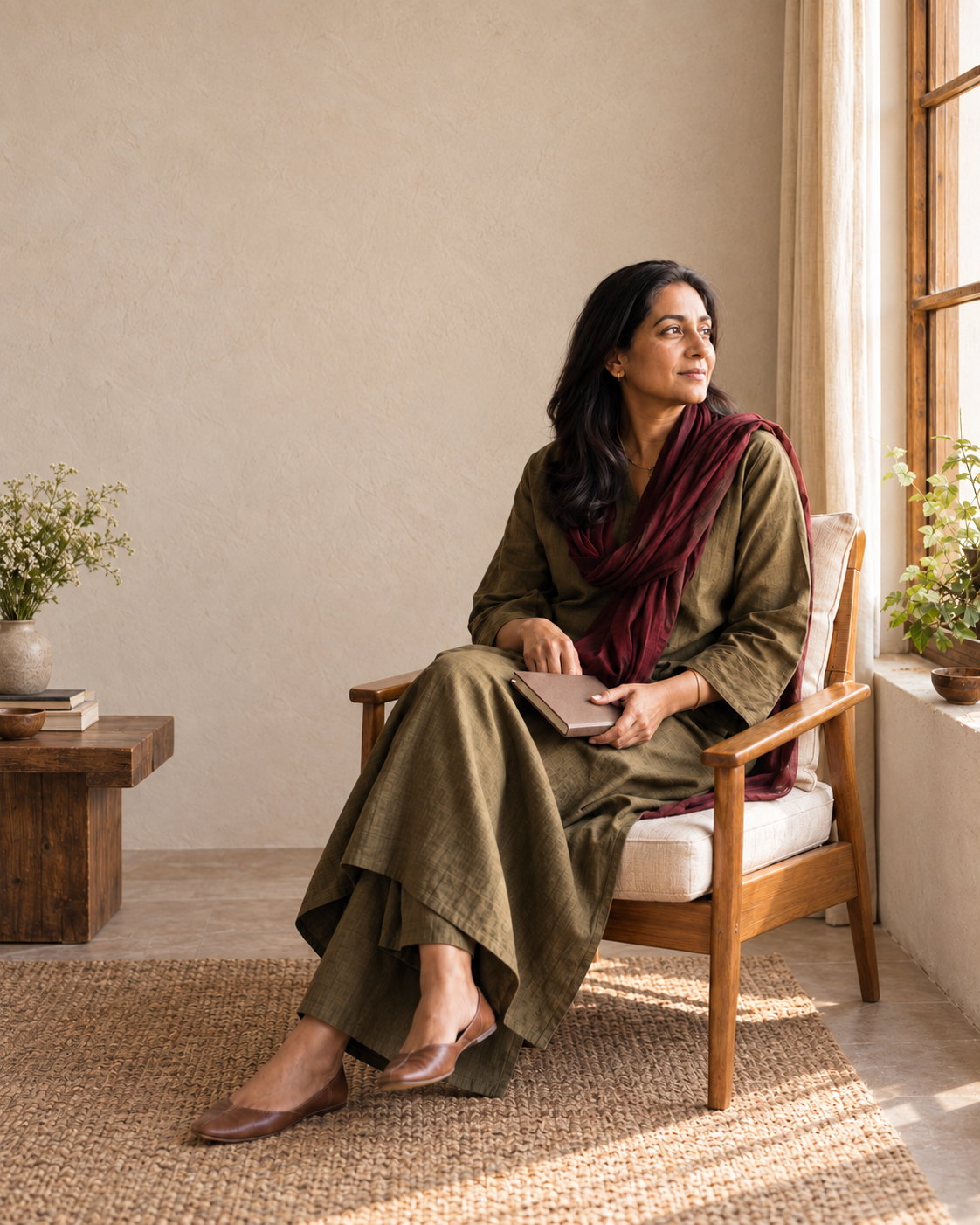A woman seated in quiet reflection in a warm, naturally lit room