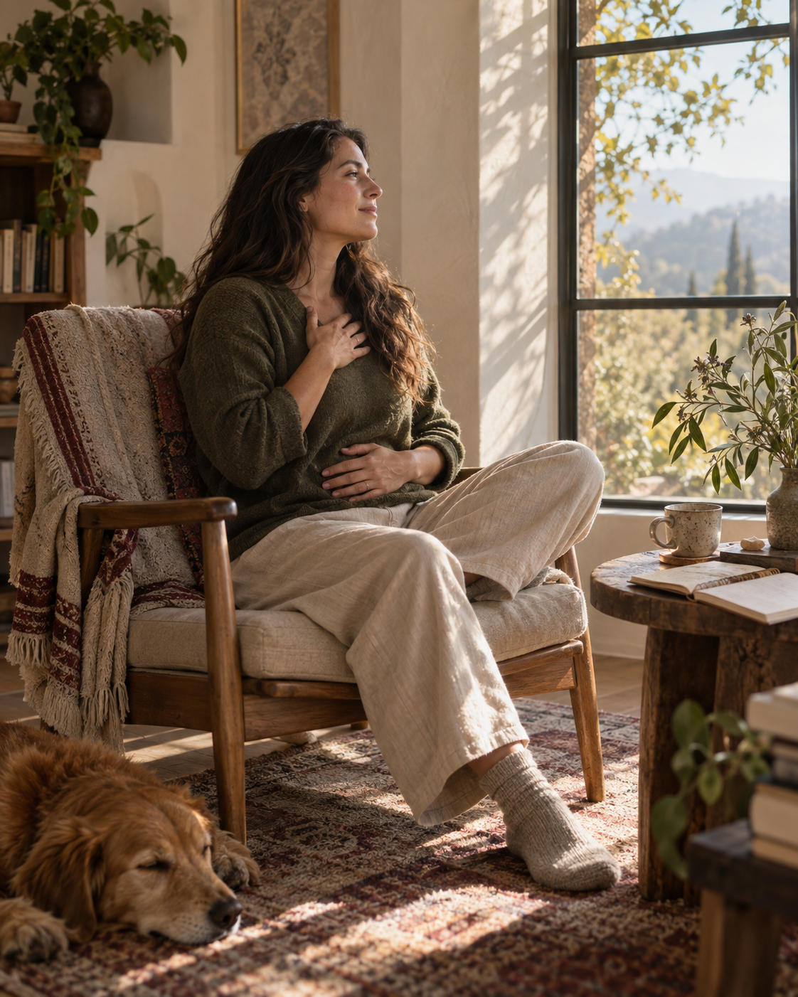 A woman attending to body and mind in the changing light of her daily life