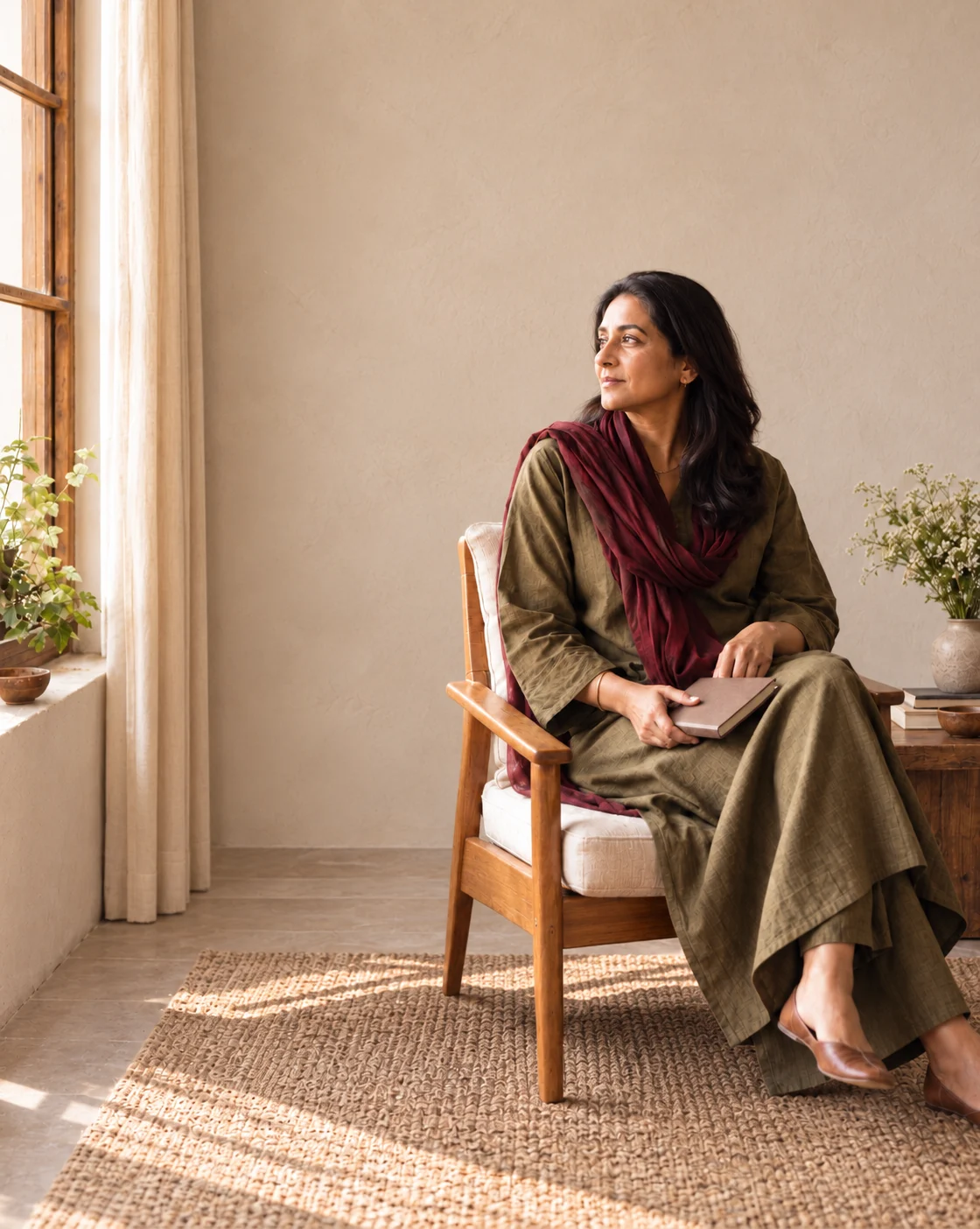 A woman seated by a sunlit window, looking left in quiet reflection